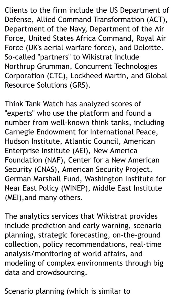 Exclusive: Think Tankers Using Private Platform to Make Extra Money The consulting firm, called Wikistrat, operates a global network of over 2,000 subject matter experts (many, Koch think tanks)  http://www.thinktankwatch.com/2015/11/exclusive-think-tankers-using-private.html?m=1