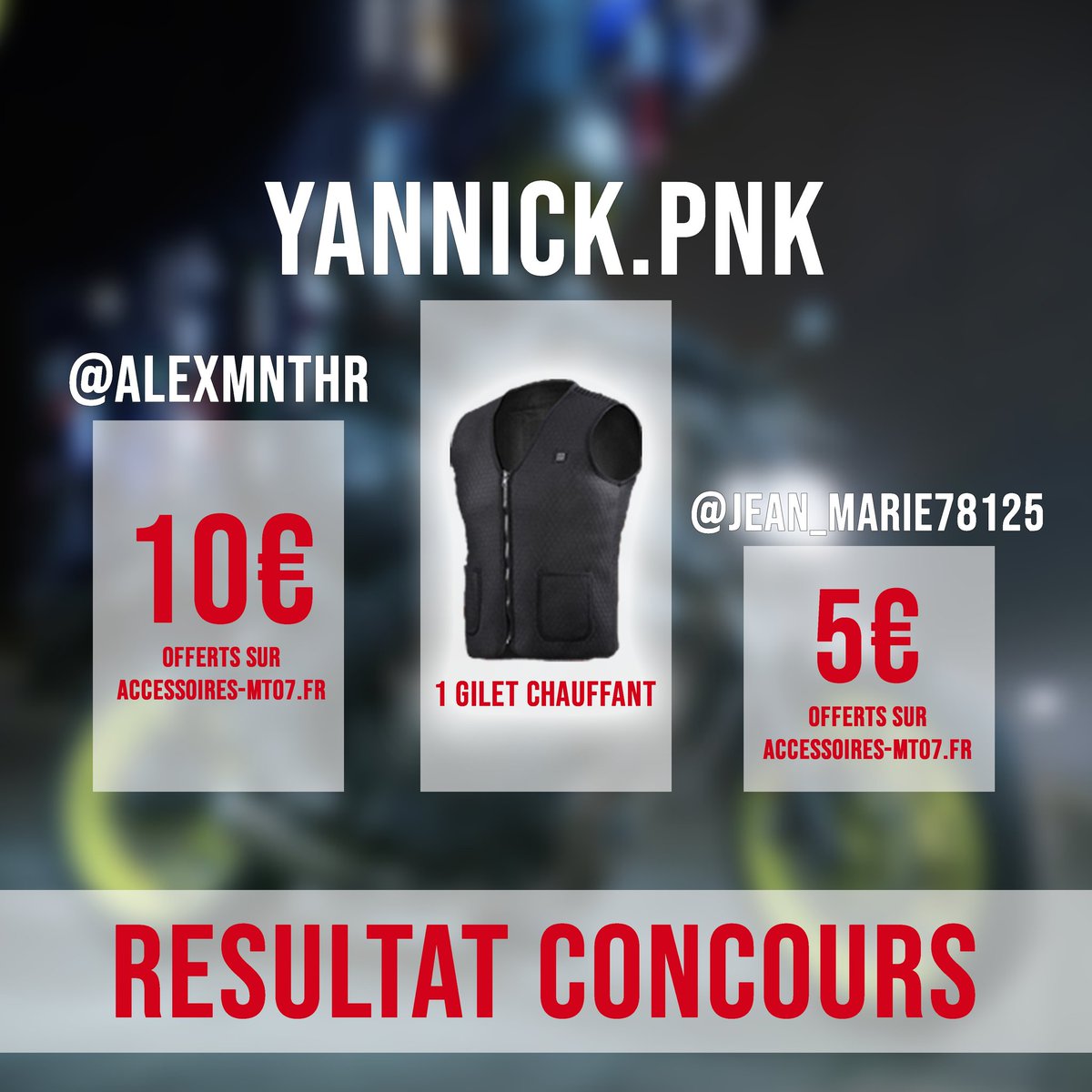 AccessoiresMt07's tweet photo. RÉSULTAT DU CONCOURS 🔥⚠️
C'est Yannick Pnk (Facebook) qui remporte le gilet chauffant, bravo 😍🔥
@alexmnthr (insta) repart avec 10€ offerts  sur https://t.co/EpQ0KaG37r et @jean_marie78125 (insta) gagne 5€ à valoir sur notre site ! 😍✌️

Merci à tous d'avoir joué ✌️ https://t.co/N7hrZAiupD