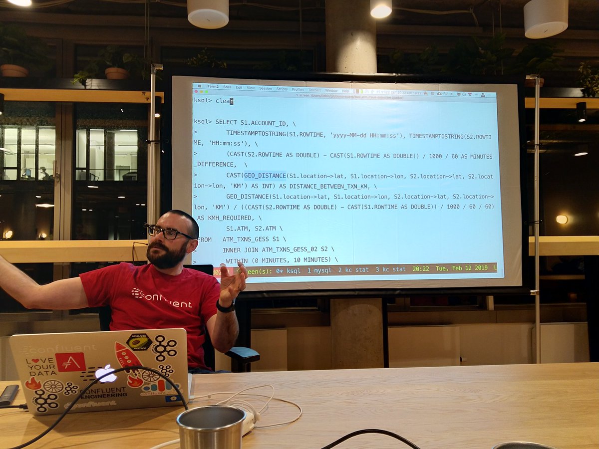 gunnarmorling's tweet image. Some severe #KSQL streaming query action at  the Kafka meet-up tonight!