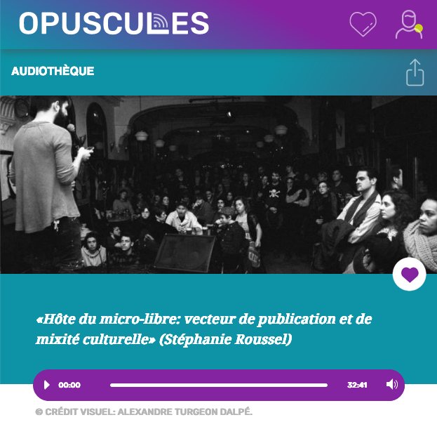 opuscules_lqm's tweet photo. Le 30 janvier, Stéphanie Roussel donnait la conférence «Hôte du micro-libre: vecteur de publication et de mixité culturelle» dans le cadre d'un gr. de recherche animé par M A Brouillette (@FiguraCentre). Bonne écoute! https://t.co/Rw3GIsYfoq
#littqc #microouvert #microlibre https://t.co/NLg9gpiu0m