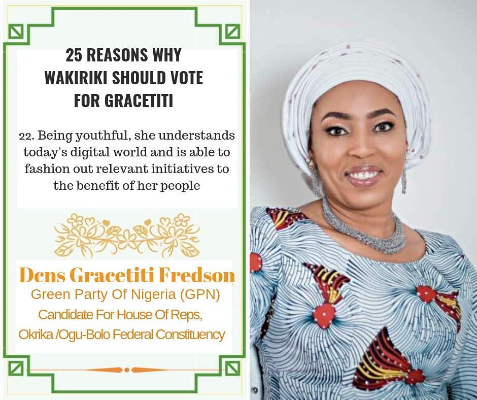 GracetitiF's tweet photo. #25ReasonsWhy 
#VoteGreenPartyForGreenChambers
#HouseOfReps
#OkrikaLGA #OguBoloLGA 
#VoteGreen https://t.co/dpYDA7MeXZ