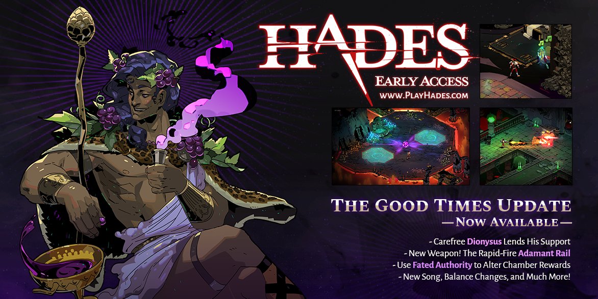 Epic Games Store on X: The God of Wine makes his appearance in the new  'Good Times' update for #Hades, available now. You'll also find a new  weapon, power, challenges, and a