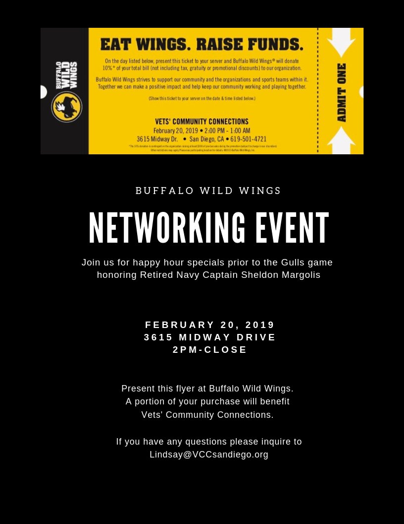 VCCSanDiego's tweet image. Join us for happy hour specials prior to the Gulls game honoring Retired Navy Captain Sheldon Margolis. 
#networkingforgood
#sandiegogulls
#buffalowildwings