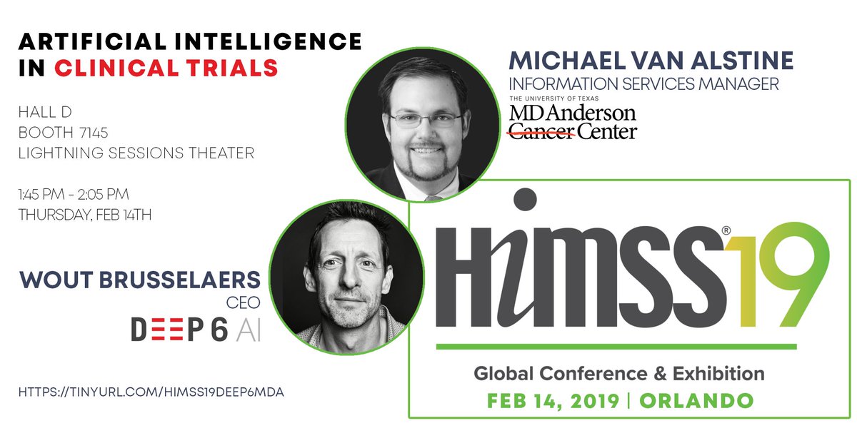Mike Van Alstine from <a href="/MDAndersonNews/">MD Anderson Cancer Center</a> and I will be giving a talk at #HIMSS19 about how we are using AI for clinical research.

tinyurl.com/himss19deep6MDA

Come see our lightning session at 1:45pm on Thursday where we will discuss how our software is changing clinical research.