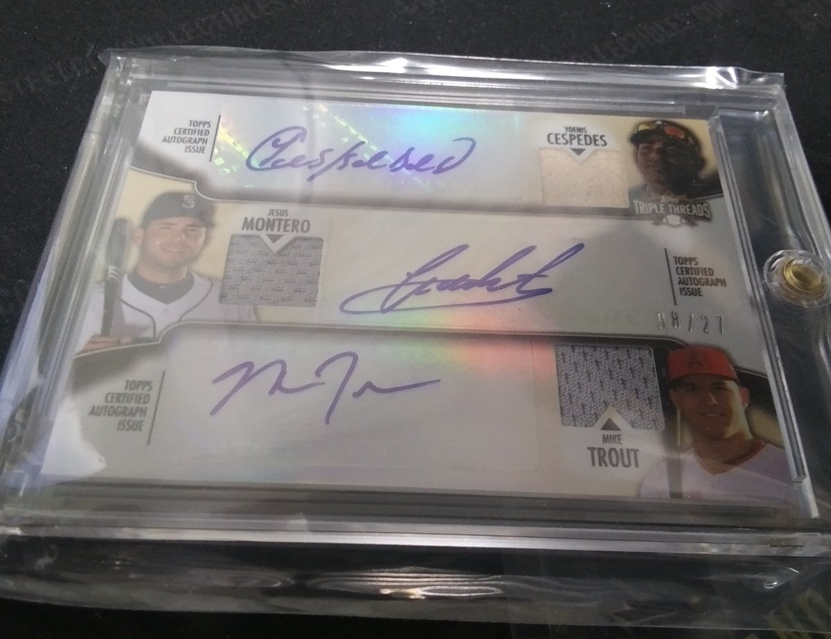 SCCTradingCards's tweet image. From 2019 Gold Rush Premier Players comes this pull for Doug in the Steel City Break Room!  2012 @Topps Triple Threads @ynscspds Jesus Montero and @MikeTrout triple jersey auto # out of 27!  #sccbreakroom #Topps #TripleThreads #Trout #scctradingcards