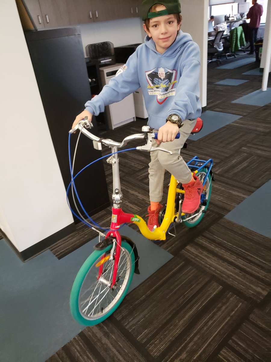porter32's tweet photo. @SocialGeekRadio @Location3 @NarangaFranOps @SocialJoey @Franchising411 Heres that bike referenced ridden by our newest intern (aka my son). @googlepartners #googlebike https://t.co/HMLNwLBx8I