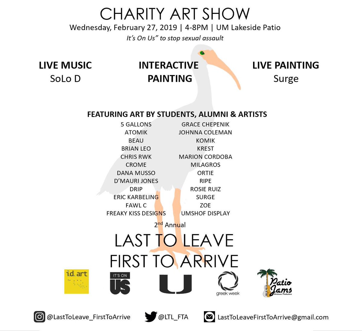LTL_FTA's tweet photo. Be at the U Wed, Feb 27th 4-8PM for THE #CanesFam event of the month.
See paintings by @Dmaurijones_
@theatomikbomb
@JohnnyUnderpaid
@_______beau + more
- Live painting by @illsurge
- Turnover Chain performance by @SOLOD305
Proceeds go to @ItsOnUs & @KristiHouseCAC https://t.co/Eg3MUYLgJT
