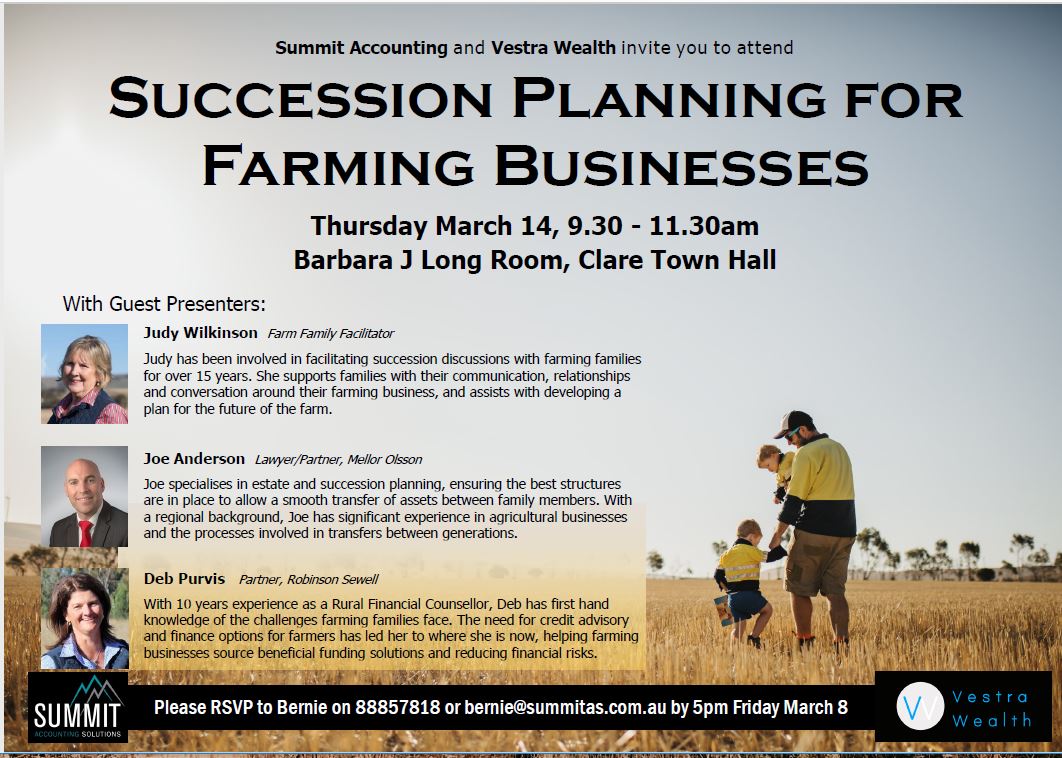 SUCCESSION PLANNING FOR FARMING BUSINESSES in Clare SA