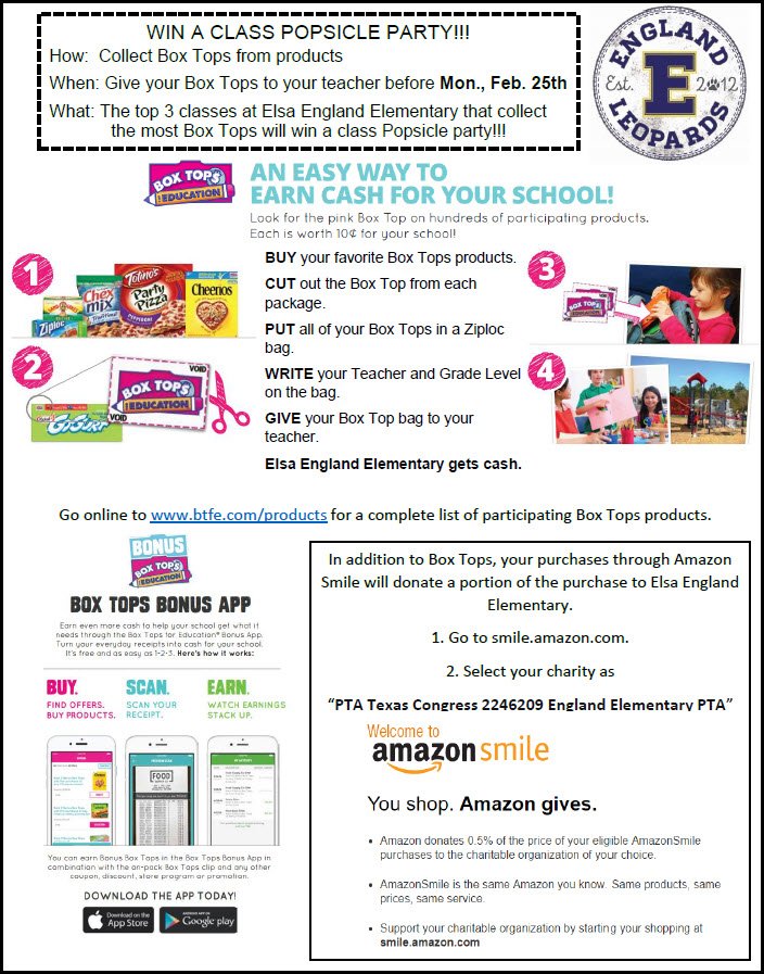 Students @ElsaEngRRISD: WIN A CLASS POPSICLE PARTY!!! 
How:  Collect Box Tops from products 
When: Give your Box Tops to your teacher before Mon., Feb. 25th 
What: The top 3 classes at Elsa England Elementary that collect the most Box Tops will win a class Popsicle party!!!