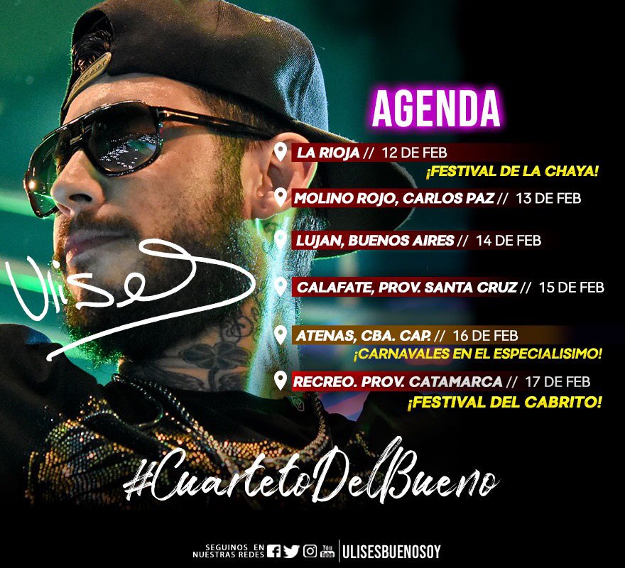UlisesBuenoSOY's tweet photo. AGENDA SEMANAL
Martes: #FestivalDeLaChaya (LaRioja) 📍
Miércoles: #MolinoRojo (CPaz) 📍
Jueves: #Lujan (BAires) 📍
Viernes: #Calafate (SantaCruz) 📍
Sabado: #Atenas (Córdoba) 📍 #Canavales en el Especialísimo. 
Domingo: #Recreo (Catamarca) 📍 #FestivalDelCabrito
#CuartetoDelBueno https://t.co/pguwG2owK5