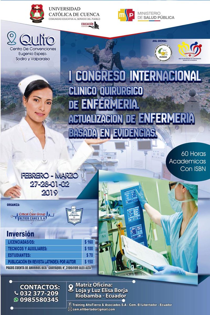 RedEnf_Ecuador's tweet photo. ➡️ I CONGRESO INTERNACIONAL CLÍNICO QUIRÚRGICO DE ENFERMERÍA - ACTUALIZACIÓN DE ENFERMERÍA BASADA EN EVIDENCIAS ⬅️
🔻Critical Care Group🔻
👉 PARA ENFERMER@S 🏥
👉 Actualización en Enfermería 🤝
👀🙋♀️🙋♂️ Si vas de parte de #RUNEEE recibes el 10% de descuento 🤓😉 https://t.co/fSTtrm79dx