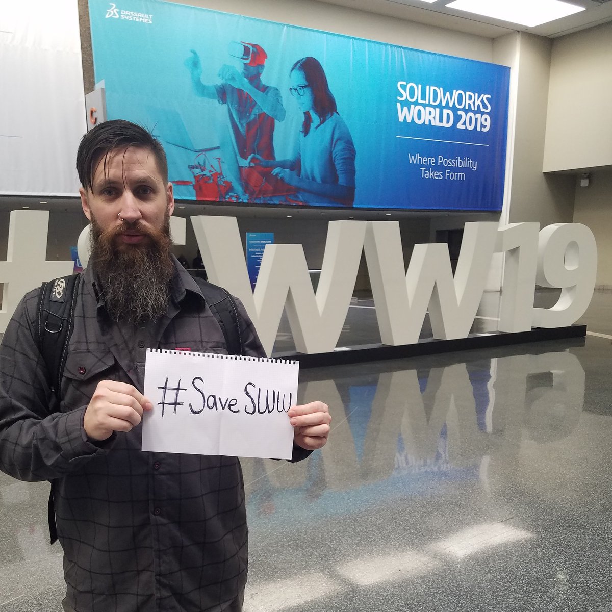 VeggieHotson's tweet photo. The last SolidWorks Worlds EVER! Not feelings this whole rebranding to 3D Experience. 

#SWW19 #SaveSWW https://t.co/cA0y2mLeJB