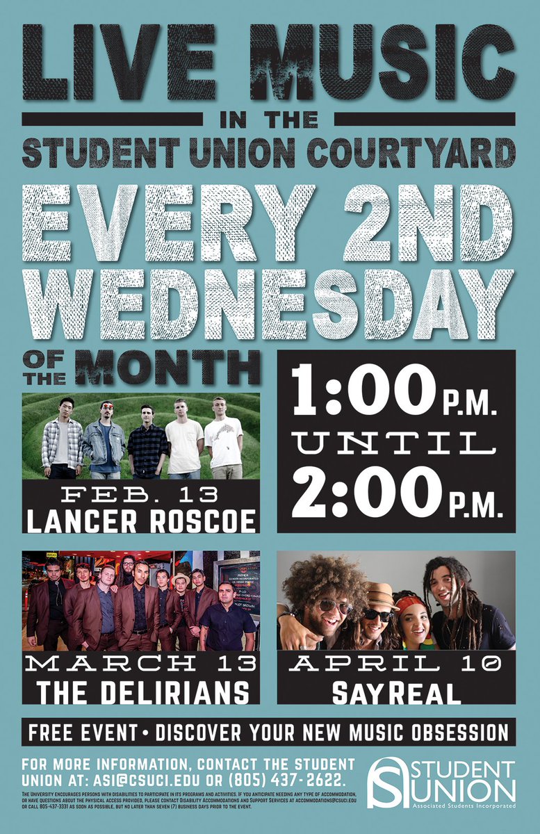csuci_ekho's tweet photo. Bring your friends to relax in the California sunshine and experience the wide world of great live music-here at CSUCI. Enjoy local bands performing a one-hour set in the Student Union Courtyard, every 2nd Wednesday of the month at 1 PM. https://t.co/yJuwKFl52C