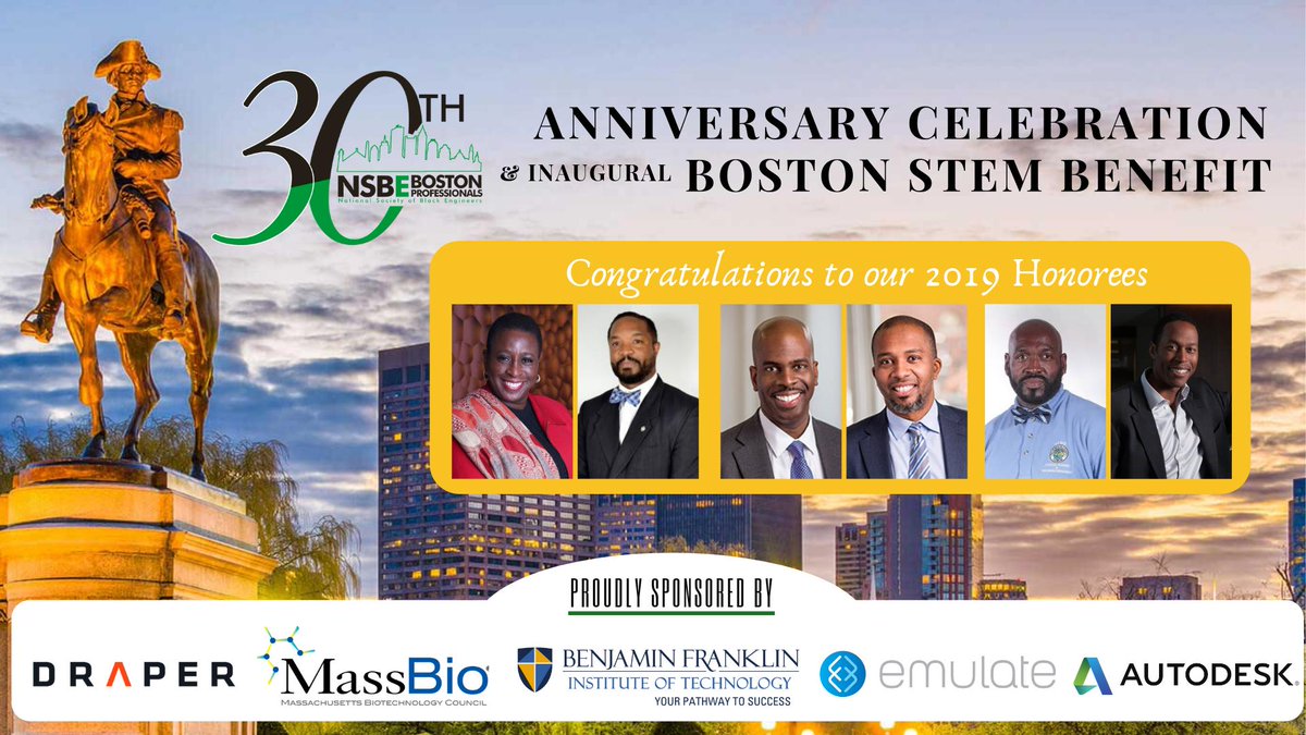 nsbeboston's tweet photo. Congratulations to our 2019 #Boston #STEM Gala Honorees! 
Thank you to our Sponsors - @MassBio @emulatebio @DraperLab @autodesk @BFITinvolved @GoTripAdvisor  
Support the #nsbeboston #blackengineers #nsbe STEM Benefit - https://t.co/RNu25K1lHN https://t.co/VSEOf4FOvQ