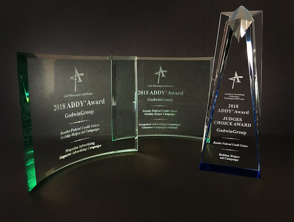 GodwinGroup's tweet photo. Honored to be leaving #AddyCon2019 with an armful of Gold, Silver and Judge’s Choice awards. Congrats to all winners, especially our friends at Keesler Federal Credit Union and Cooperative Energy. #ADDY #GoldAddy #Godwin #AgencyLife https://t.co/f3gamQJSXI