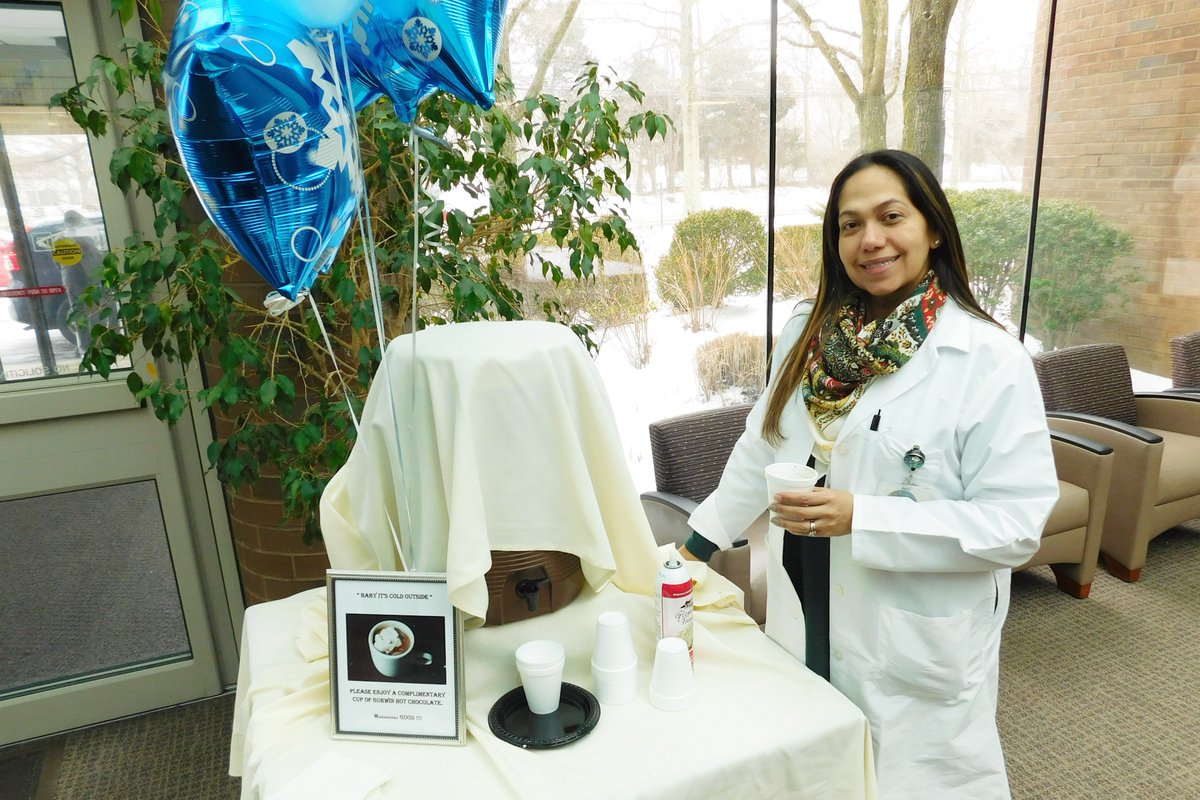 GurwinJewish's tweet photo. Happiness is hot chocolate on a cold winter day! @GurwinJewish residents & staff enjoyed complimentary cocoa today courtesy of Chef David & Morrison Community Living. Christina J., Assoc Dir of Nursing, warms up with a steaming cup of chocolatey goodness! #Winterstom #longisland https://t.co/oxChJwpOLf