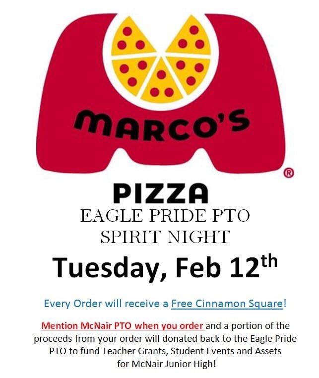 EaglePto's tweet photo. After McNair social studies night tonight, stop by Marco’s for some dinner! Just mention McNair PTO for a free cinnamon square! https://t.co/dVW3QiQLXC