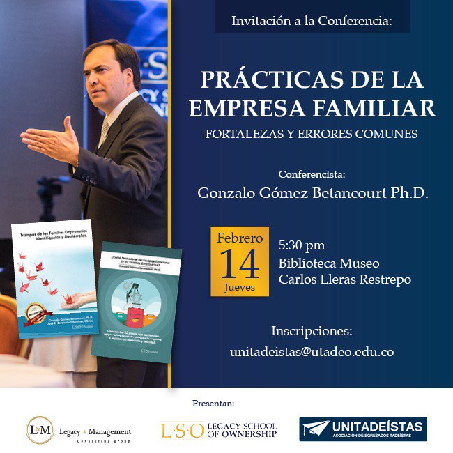 lsoschool's tweet photo. ¡Alianzas que generan valor! LSO y Unitadeístas invitan a la conferencia "Prácticas de la empresa familiar. Fortalezas y errores comunes". El próximo 14 de feb, 5:30.p.m. Reserve su cupo: unitadeistas@utadeo.edu.co. #FamilyBusiness #SomosLSO
Ingrese a https://t.co/1gJRblmGTn https://t.co/IePeDcnHLb