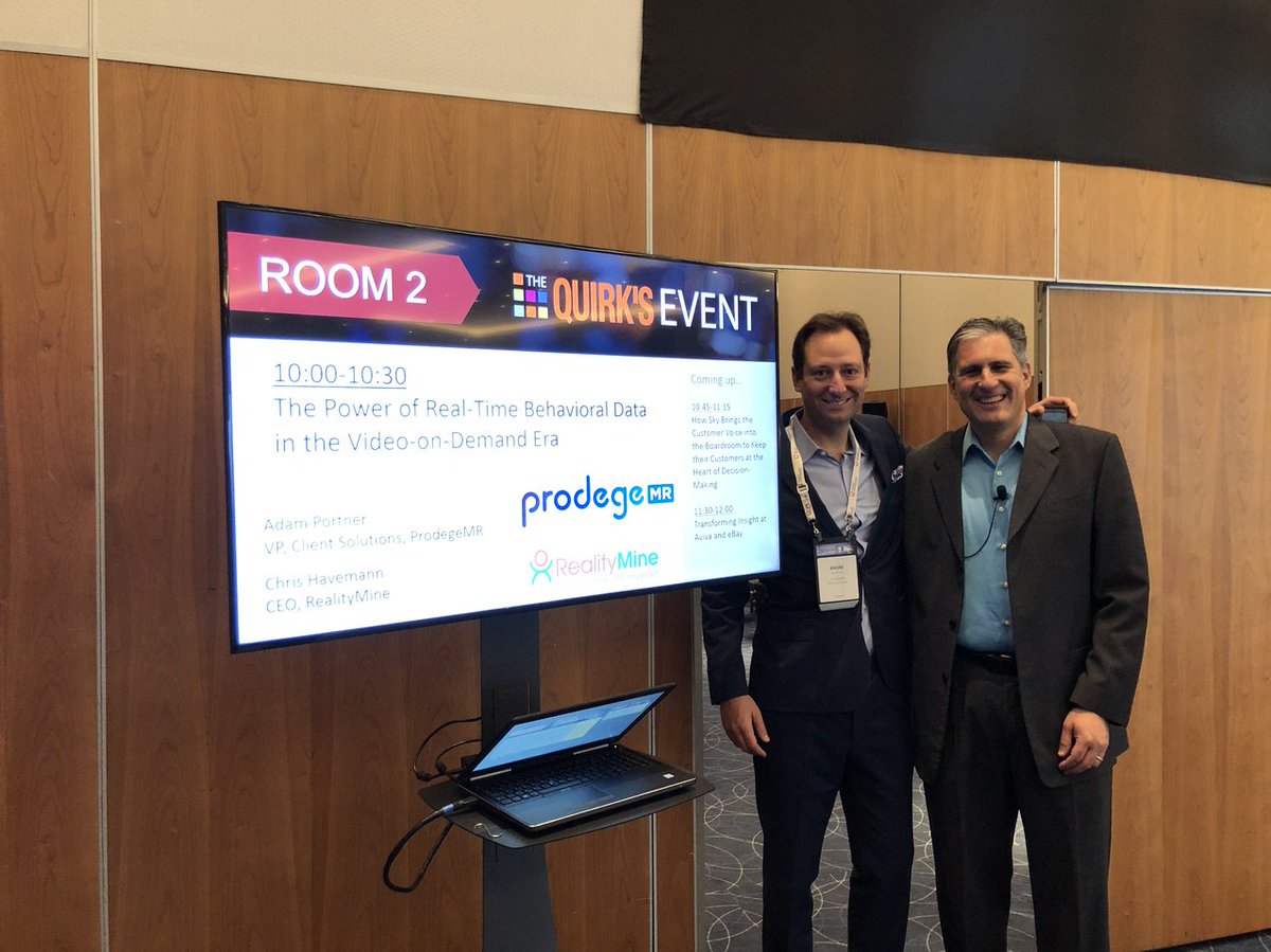 RealityMine's tweet image. Huge thanks to our friends at @ProdegeMR for inviting us to speak with them at this week's #QuirksEvent in London! We had a great time introducing some of the work we've been doing with behavioral data and survey data, particularly around video consumption across devices. #mrx