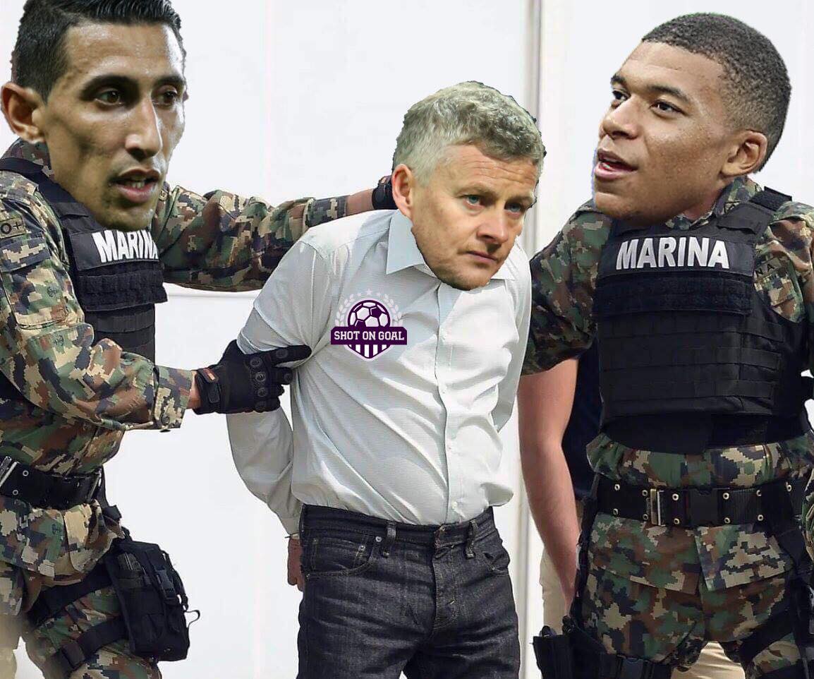 shotongoal247's tweet photo. #MUFC being escorted out of the #UCL after putting in an El Chapo like criminal performance 🚓 https://t.co/VgAI66AI2i