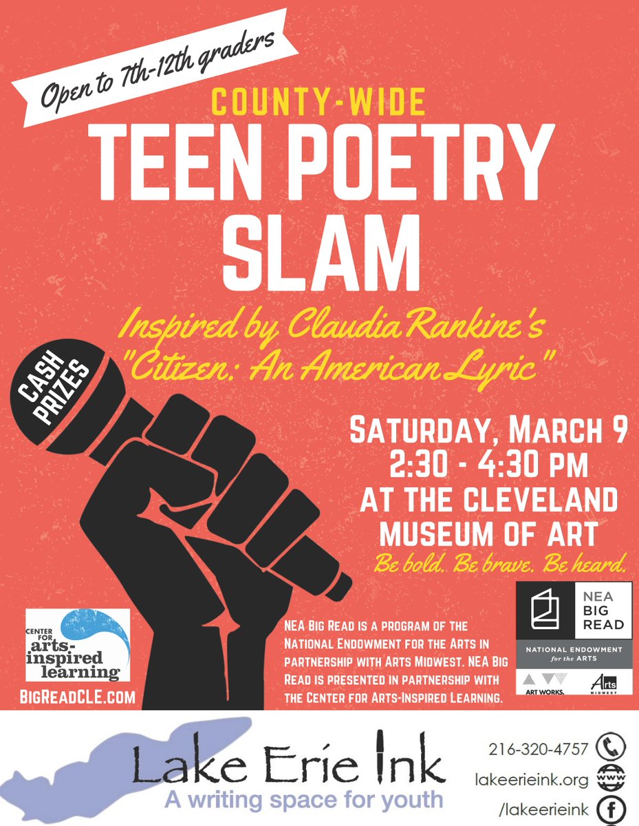 SCORESCleveland's tweet photo. Calling all poet-athletes in grades 7-12! As part of #BigReadCle there will be a county wide Teen Poetry SLAM! Wanna take part? Write three poems and be sure to register soon, only 20 spots available! https://t.co/XHmQoUYcsl https://t.co/nQtj0kirTb