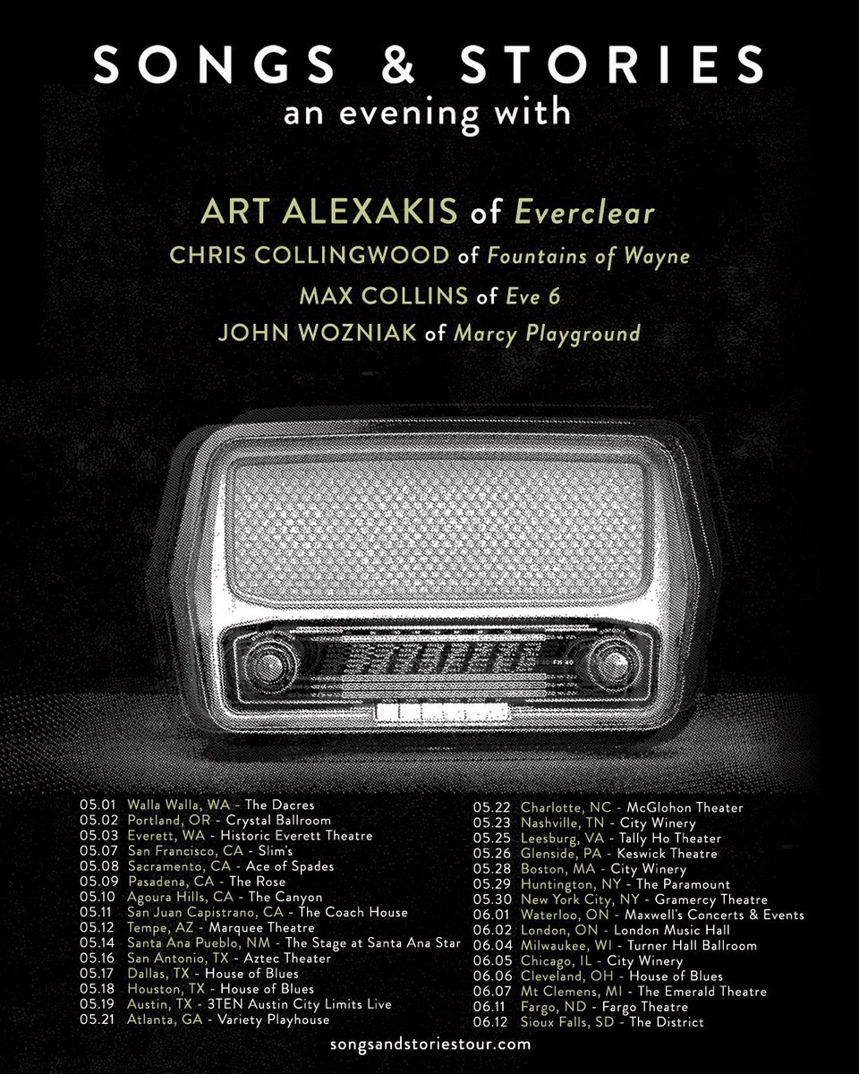 John will be on the road in May &amp; June on the Songs &amp; Stories Tour: An Evening With Art Alexakis of <a href="/EverclearBand/">Everclear</a> , Chris Collingwood of <a href="/fountainsofwayn/">Fountains of Wayne</a> Max Collins of @Eve6 + John Wozniak of Marcy Playground. Grab tickets songsandstoriestour.com  w/ promo code: SONGSANDSTORIES