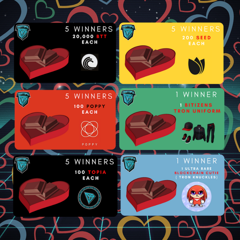 BetGalaxyCasino's tweet photo. ❤️ valentine giveaway ❤️

100,000 $BTT @BitTorrent
1000 $SEED @sesameseed_SR
500 $POPPY @PoppyPOS
100 $TOPIA @TRON_topia
1 @BitGuildPL Tron uniform
1 Ultra rare @BlockchainCutie

Like, RT and comment to enter !

Winners announced on the 14th 🥳

#TRON $TRX $TOPIA 
@justinsuntron https://t.co/KbWepeAXv3