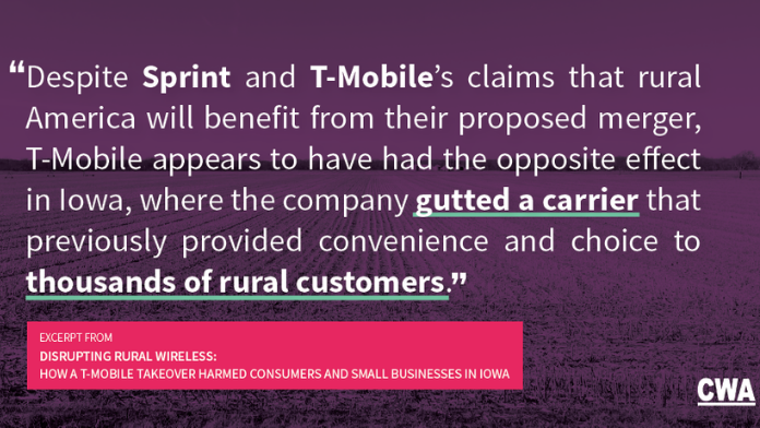 CWAUnion's tweet photo. STUDY: In 2018, T-Mobile acquired iWireless, a regional carrier in Iowa. A few months later, T-Mobile discontinued the brand, gutting a carrier that previously provided convenience and choice to thousands of rural customers. Read the full report: https://t.co/StmFjXIJ51 https://t.co/rJ4iqb3s9H