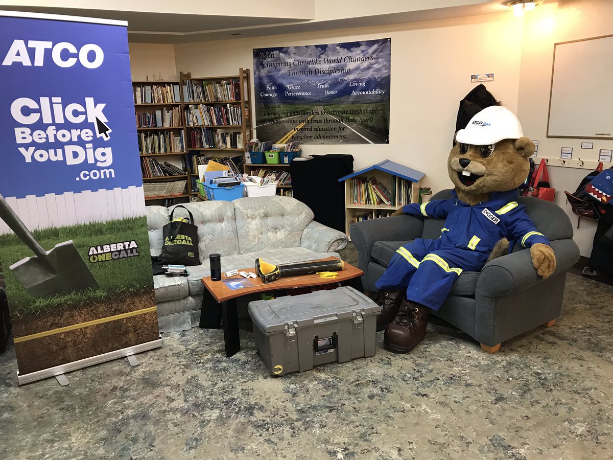 DamageWoloski's tweet photo. .@ATCOGas Digger was resting before we presented safe digging & CO safety info to #LightHouseChristianAcademy students in @SylvanLake_AB today. As usual Digger stole the show!!! #ATCO #ATCOGAS #Safedigging #alwaysthereanywhere #cosafety #clickbeforeyoudig https://t.co/wRlJv29fwM