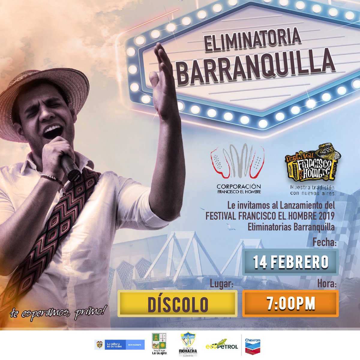 ojovll's tweet photo. #Barranquilla este jueves 14 de febrero  al Lanzamiento del Festival Francisco el Hombre y a las eliminatorias 2019, •Lugar: discolobaq | •Hora: 7:00pm. No te lo puedes perder. ¡Te esperamos, primo! 
@ffhombre https://t.co/5WzbPqhtq5