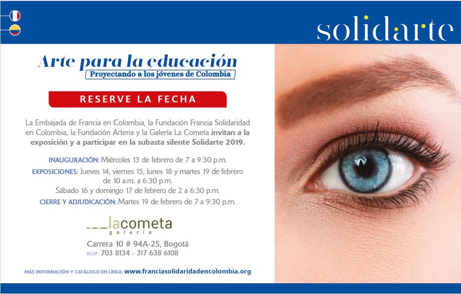 CCIFC's tweet photo. Participe en la subasta y asista a la exposición Silente #Solidarte 2019, "Arte para la Educación", y dele una oportunidad a jóvenes destacados de bajos recursos en Colombia. @France_Colombia https://t.co/J70V9V42Kc