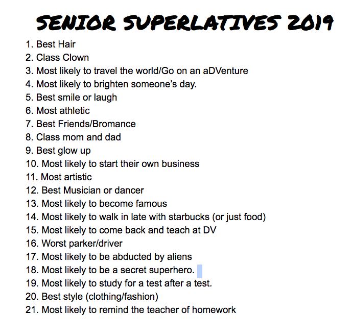 dvhs_yearbook's tweet photo. COMING SOON!  Senior Superlative Nominations! Start thinking about who you will nominate.
Nomination information coming soon https://t.co/bqhZHamuSt