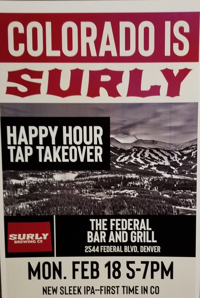 FedBarandGrill's tweet photo. @surlybrewing is going to get surly with us on Feb 18 from 5-7!! We will be tapping 2 unreleased beers.
#coloradoissurly
#fedbarissurly #drinkinjeffersonpark
#mnbeersincolorado #warmerherethanthere https://t.co/wXDep0NGpS