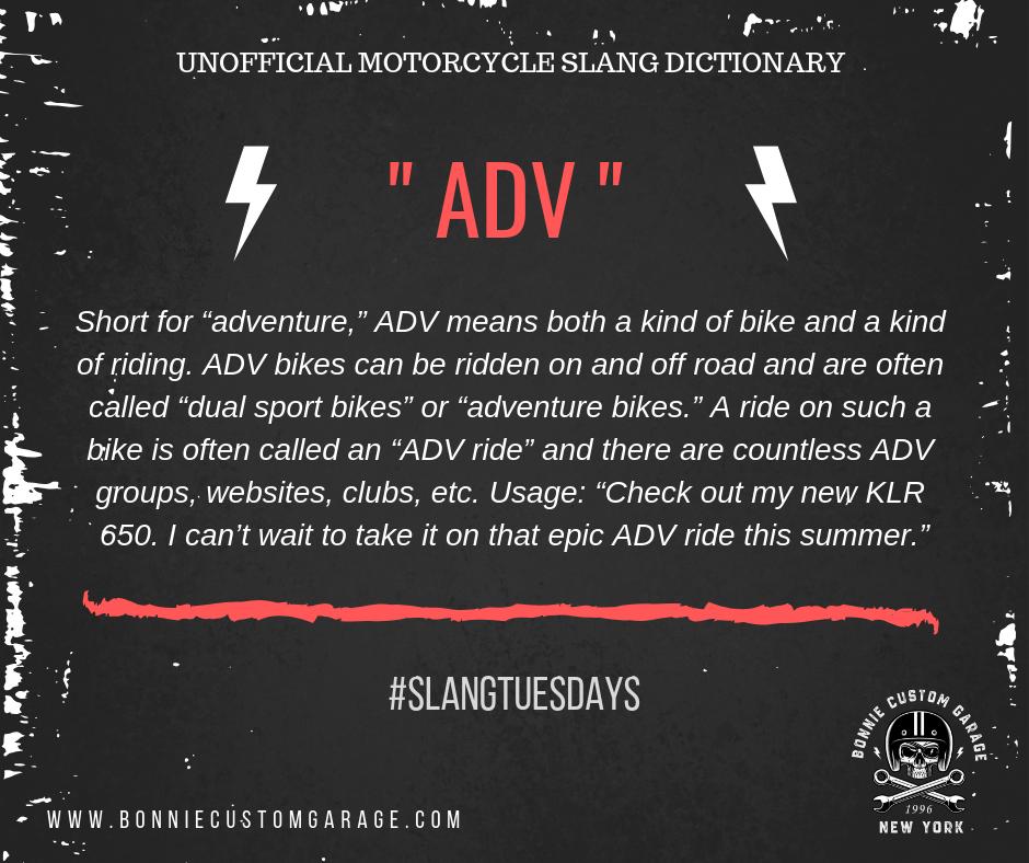 What does ADV stand for? #slangtuesdays 
bonniecustomgarage.com 

#bonnierider #custommotorcycles #graphictee #motorcycle_moment #motorcycleapparel #motorcycleart #motorcyclebooks #bonnierider #vintagemotorcycles #caferacer #caferacers