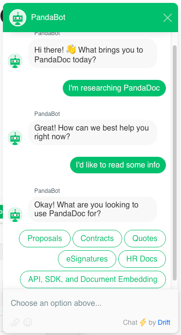 gar_smyth's tweet photo. @CathOstheimer @Drift @ITSMA_B2B Thanks for coming along! Our customers use chatbots to guide visitors to content based on one or two initial questions. Very common use case. Lots of examples on https://t.co/p4aTmVAUZK. Here's Pandadoc's homepage bot. https://t.co/0lYmXP2vNP