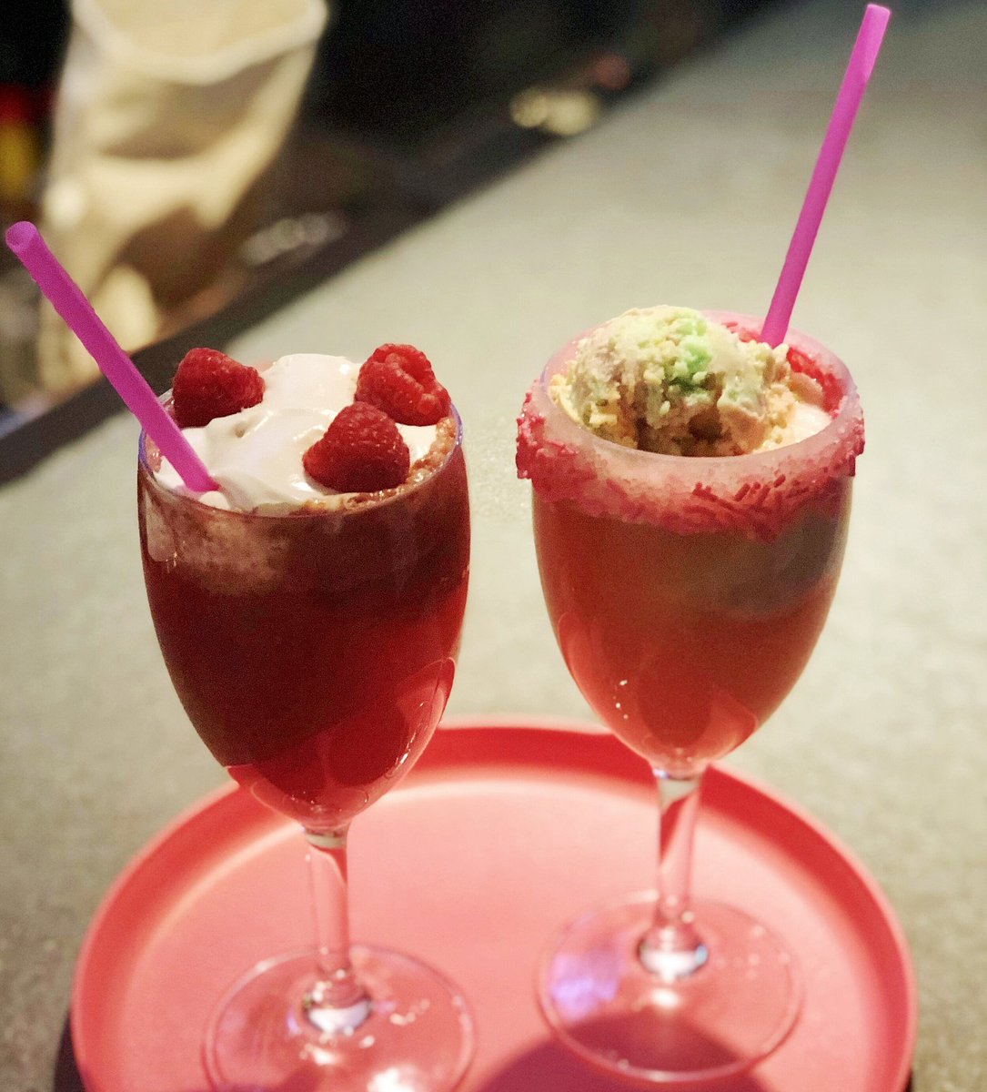 Valentine's specialty cocktails. Sparkling Rose float w/ raspberry sorbet and moscato float w/ rainbow sorbet. #graftonoriginal #valentinesday2019 #harvardsquare