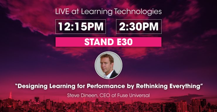 Fuseuniversal's tweet photo. Our CEO @stevedineen will challenge everything you think you know about performance &amp; engagement tomorrow at #LT19uk - he’ll be speaking live on stand E30 (you can’t miss it - it’s very pink!) https://t.co/wpRxD0SVz8