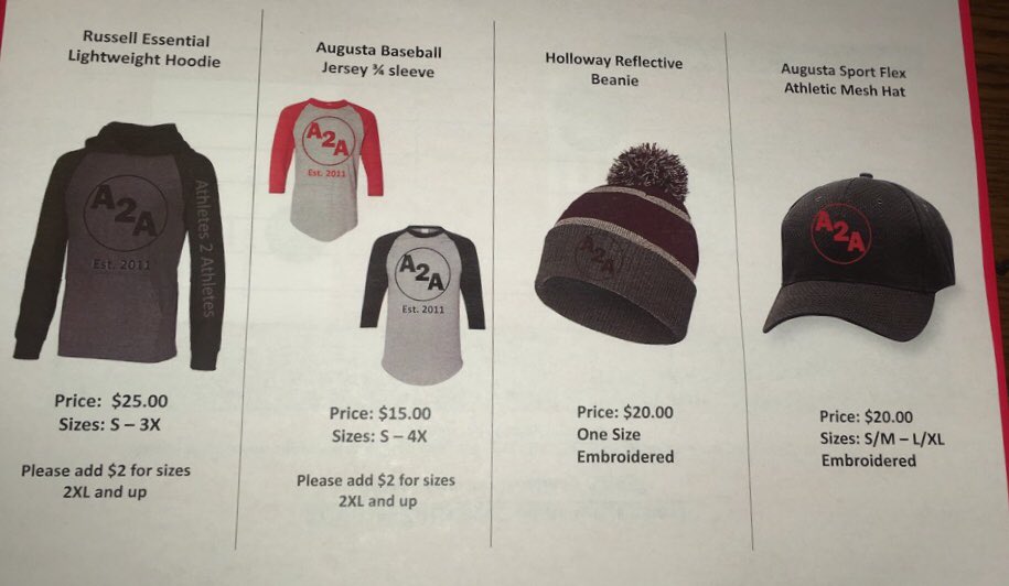 Let me know if you are interested in purchasing any of the new 2019 Athletes2Athletes apparel. I need to know by Tuesday February 19th. These items are a limited time offer. Don’t miss out on 🔥 gear!!!