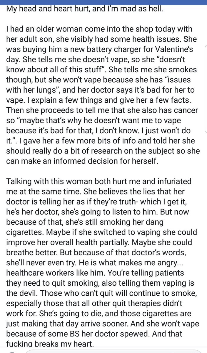 GregTHR's tweet photo. A vape shop owner posted this to Facebook.

Congrats to the anti-vaping loons and gullible and/or apatethic journalists out there -- you have doctors telling cancer patients who smoke that they shouldn't switch to vaping. Absolutely sickening. https://t.co/uawfEfZ3kB