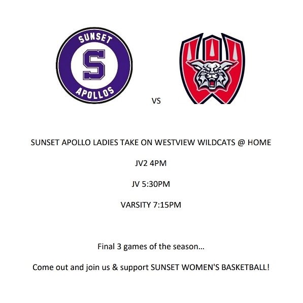 SunsetWBB's tweet photo. GAME DAY!!!
Come out n cheer on our Sunset ladies as they take on Westview @ home!

3 games remaining...

#sunsetwomensbasketball 
#metroleague https://t.co/Qm1PxjVShN
