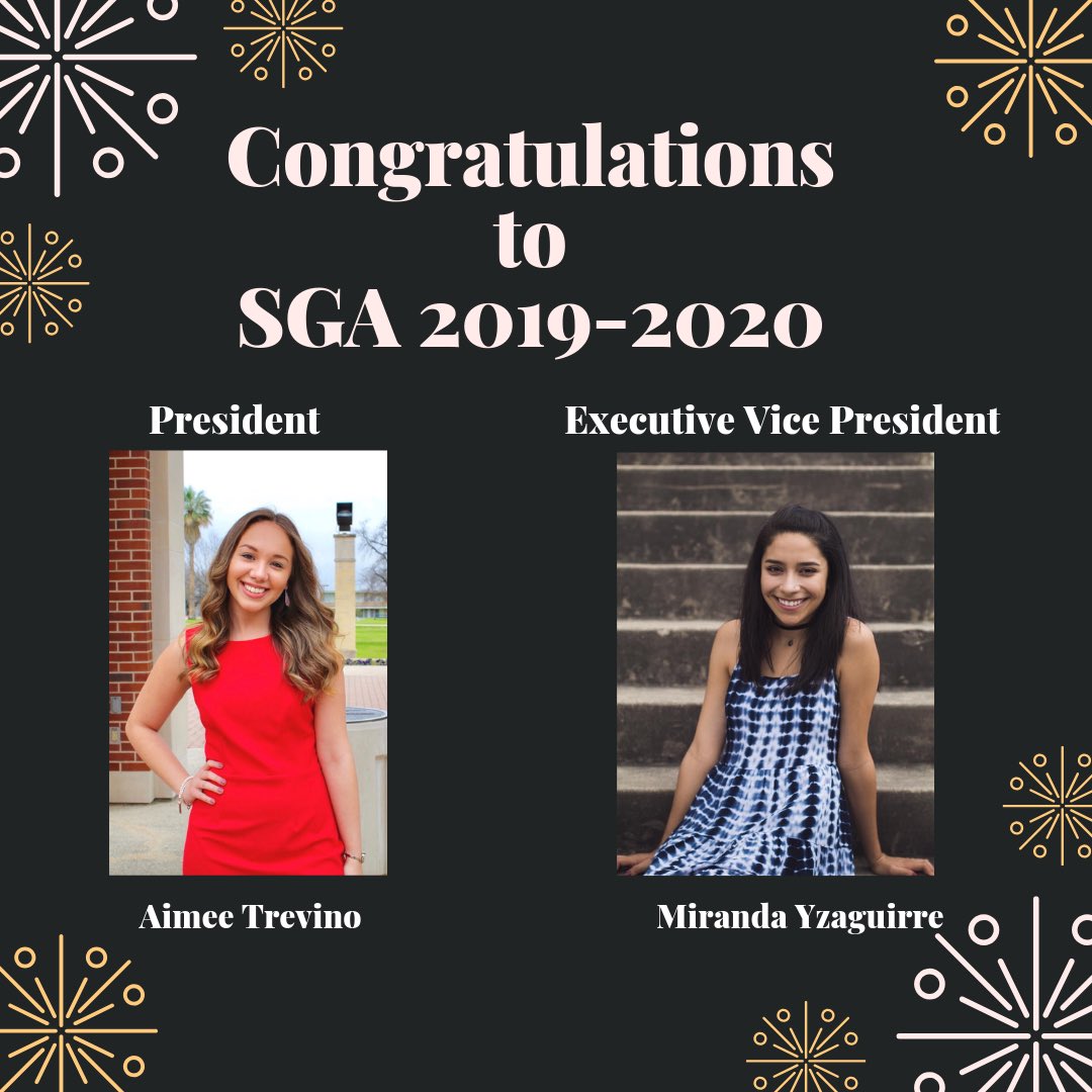 StMarysStuLife's tweet photo. And the results are in! Congratulations to SGA 2019-2020 President, Aimee Trevino, and Executive Vice President, Miranda Yzaguirre! #sga https://t.co/W9hCrqKGZD