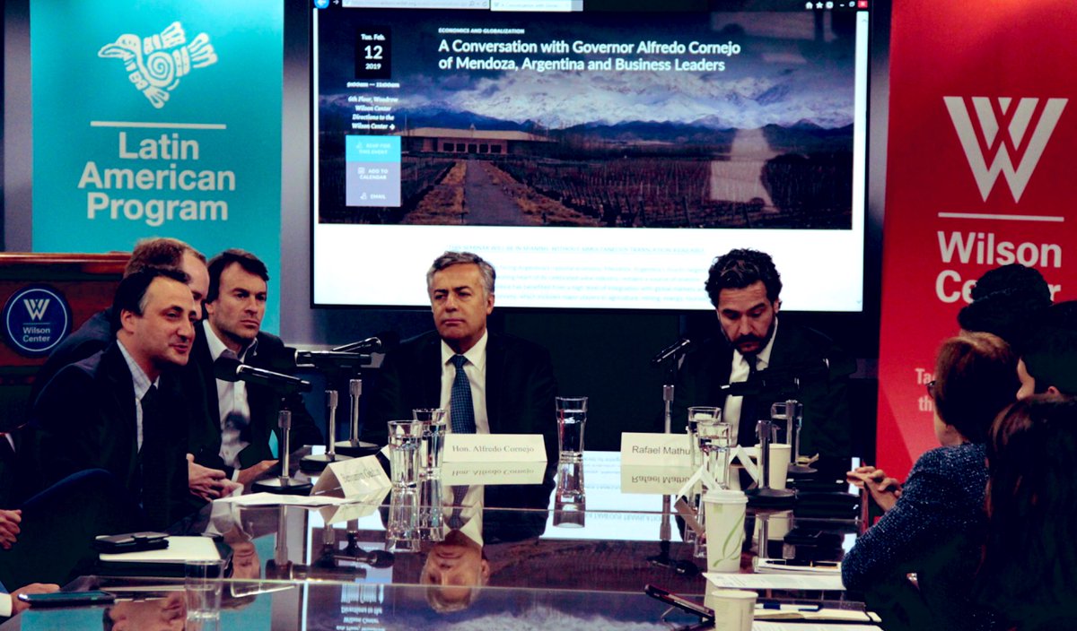 ARGinUSA's tweet photo. Productiva visita del Gobernador @DifusionCornejo para promocionar inversiones en #Mendoza.  Disertación en @TheWilsonCenter con empresarios de @cem_mendoza y reuniones con el Presidente de @el_BID Luis Alberto Moreno, CEO de @BIDInvest James Scriven, @WorldBank y
@NatlGovsAssoc https://t.co/ePh2xL2Mrn