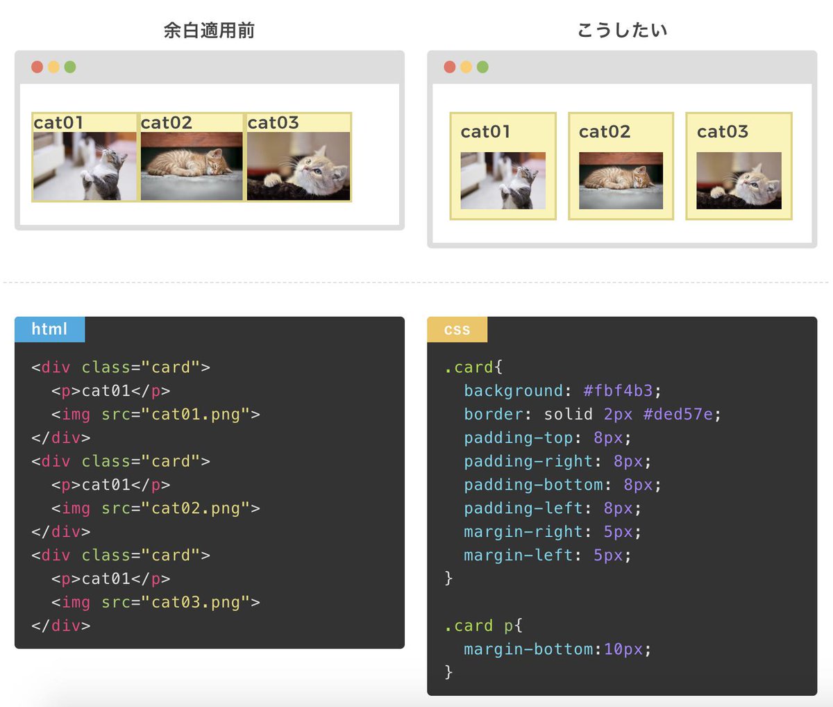 webliker_adm's tweet image. paddingとmarginをなるべく難しい言葉を使わず解説した力作です💡

✅padding：要素の範囲を広げたい時、子要素を内側に押し込めたい時

✅margin：別の要素との距離を取りたい時

✅「marginの相殺」もしっかり理解できます

もし役にたったらシェアお願いします🙇‍♂️

webliker.info/50549/