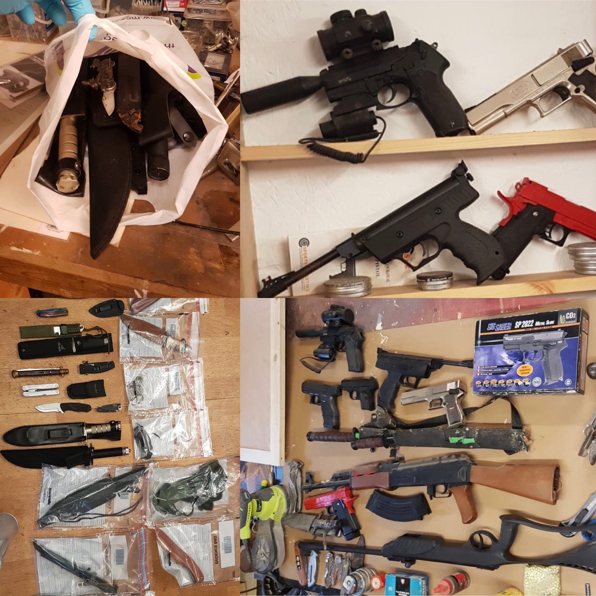 This is why we come to work...

Arsenal of 70 weapons seized following a domestic today. One arrested on suspicion of Threats to kill, Possession Class A Drugs, Possession of Firearms with Intent to Cause Fear of Violence #ProudToServe #SafeguardingTheVulnerable #HiddenHarm #ICR2