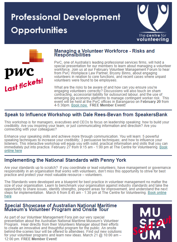 Volunteers_NSW's tweet image. Here is just a taste of what is included in the latest #ProfessionDevelopment #newsletter. We are here to help you in the complicated task that is #volunteermanagement!  #volunteer bit.ly/PDVolNews