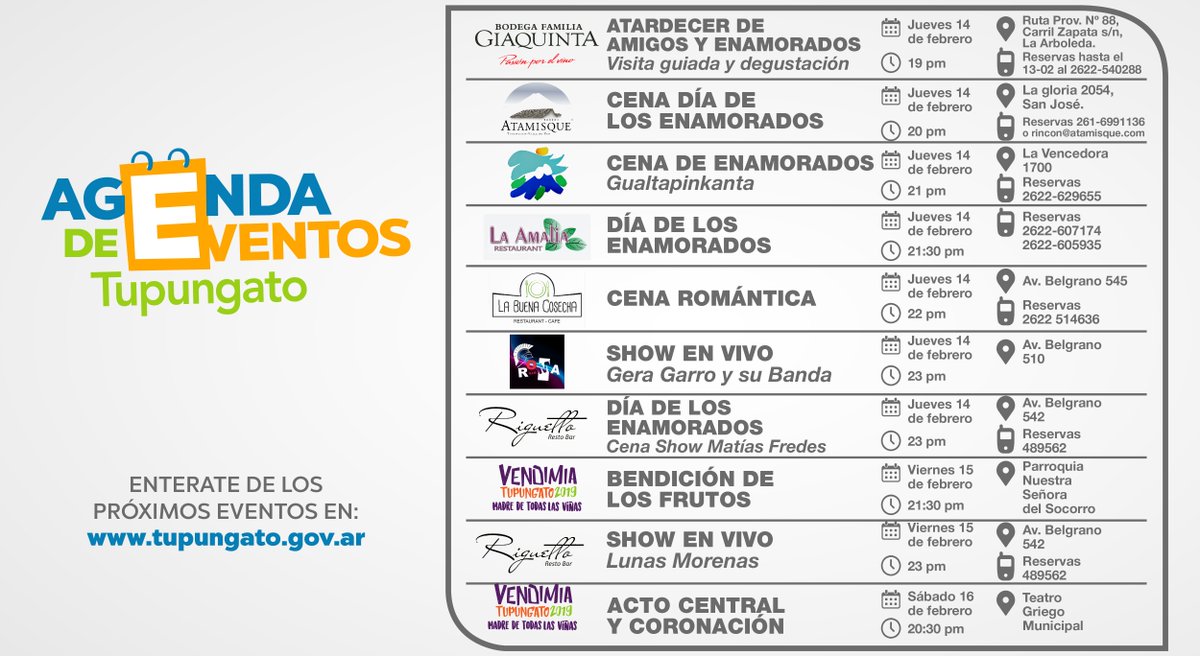 🎉#Agendate estas propuestas para compartir y disfrutar, en el #DiaDeLosEnamorados 💕 y en la celebración de nuestra #Vendimia2019 🍇.