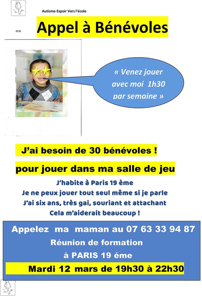 Appel à bénévoles pour mon petit garçon sur Paris, 1h30 de votre temps par semaine 🙏❤️
#aide#benevoles#autisme#TED
#TSA#Paris#Iledefrance