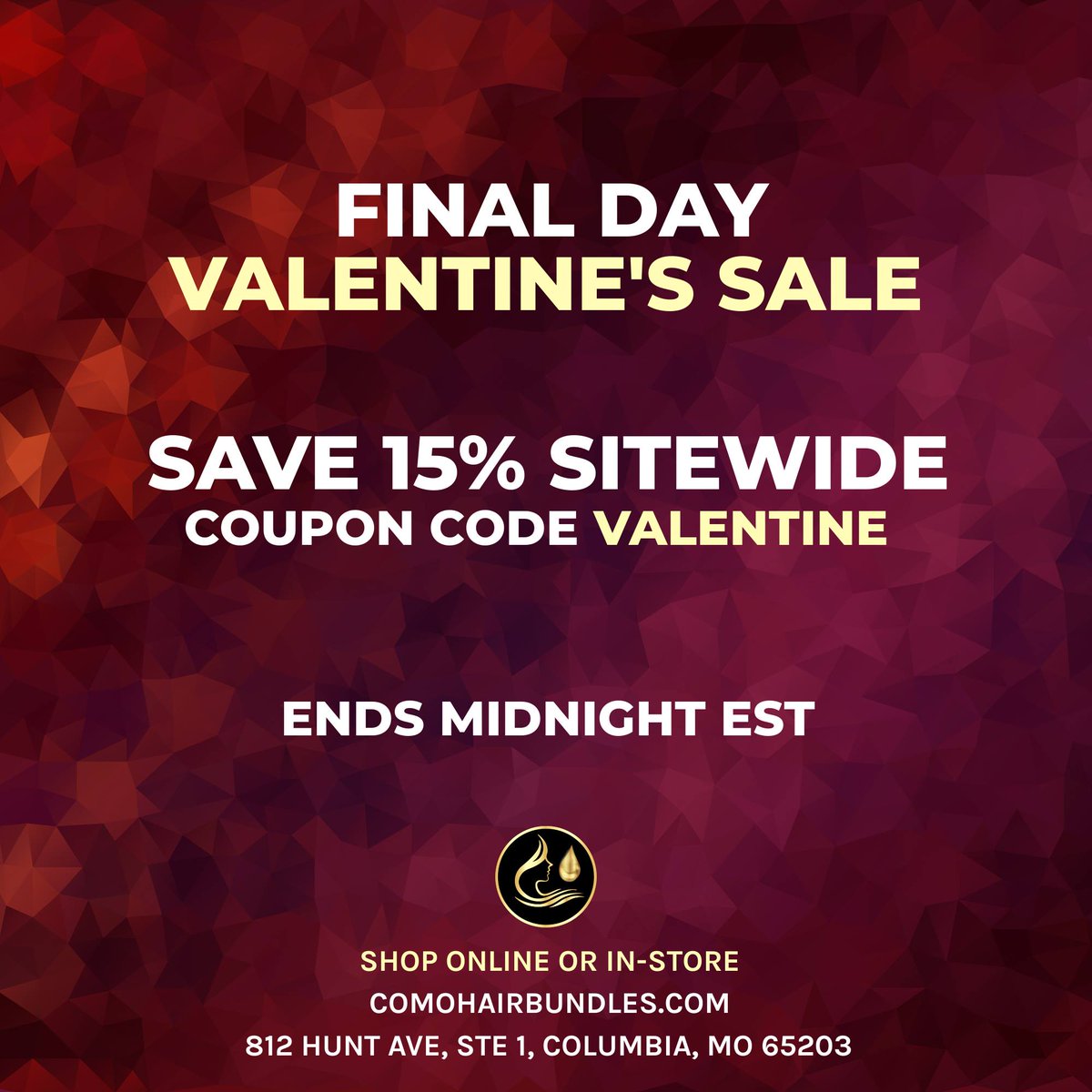 CoMoHair's tweet photo. FINAL DAY
VALENTINE'S HAIR BLOWOUT🔥
HAIR SALE

Save 15% SITEWIDE
Use coupon code VALENTINE

Ends Midnight EST

SHOP NOW
https://t.co/xThMJ3DZVg https://t.co/o5PTt7pL4y