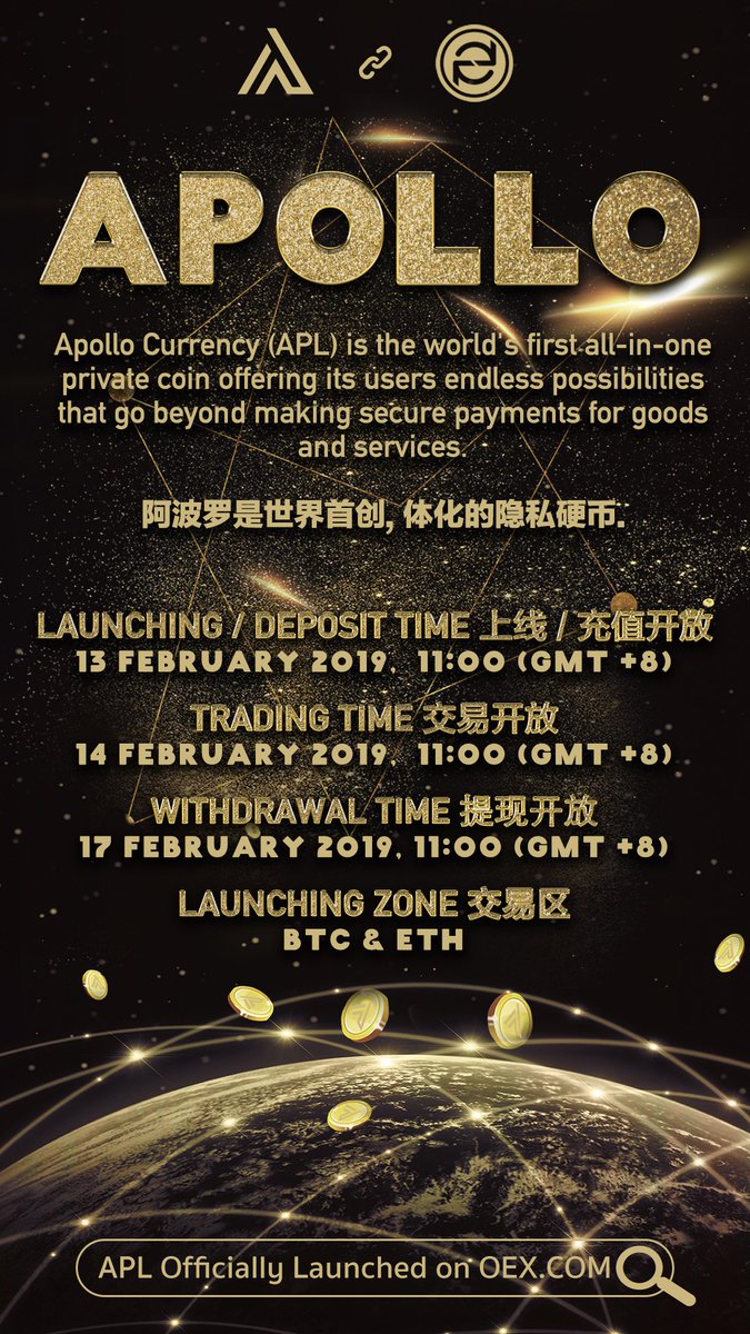oexcom's tweet image. 【Official Announcement】Dear OEX users, Apollo (APL) is officially launched on OEX.com  . For more details, kindly click on oex.cn/notice_info?nt… …. Thank you for supporting OEX! 😊👍 @ApolloCurrency

#Blockchain #blockchaintechnology #cryptocurrency #crypto