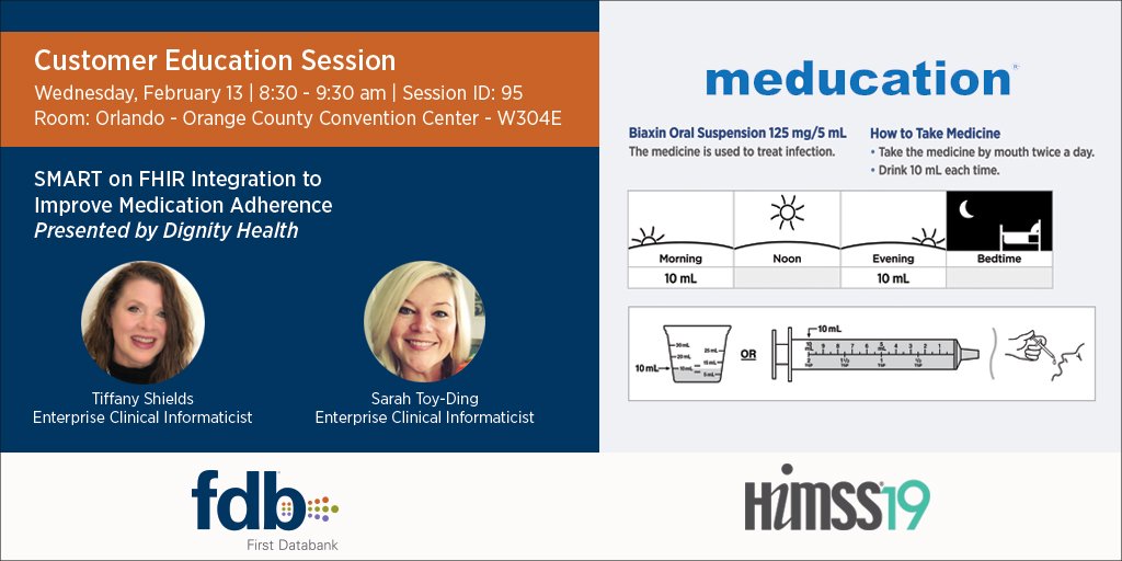 Next up Wednesday morning! You won't want to miss this informative look at @DignityHealth use of @SMARTHealthIT #FHIR in @Cerner to boost medication adherence #PatientExperience #Aim2Innovate #HIMSS19